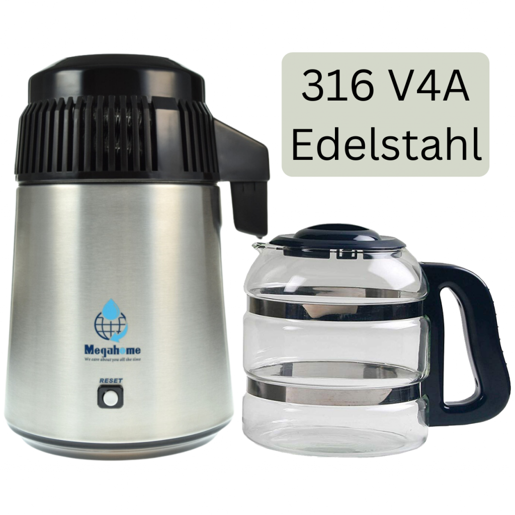 Destilliergerät Megahome MH943SBS 316 V4A Edelstahl/schwarz | Glaskanne | 4 Liter reines Wasser